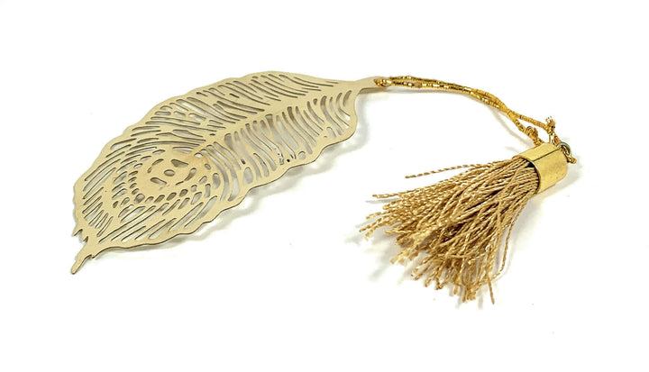 Vintage Brass Feather Bookmark with Tassel (Set of 6) - elegant brass bookmark with detailed feather design and tassel on a white background.