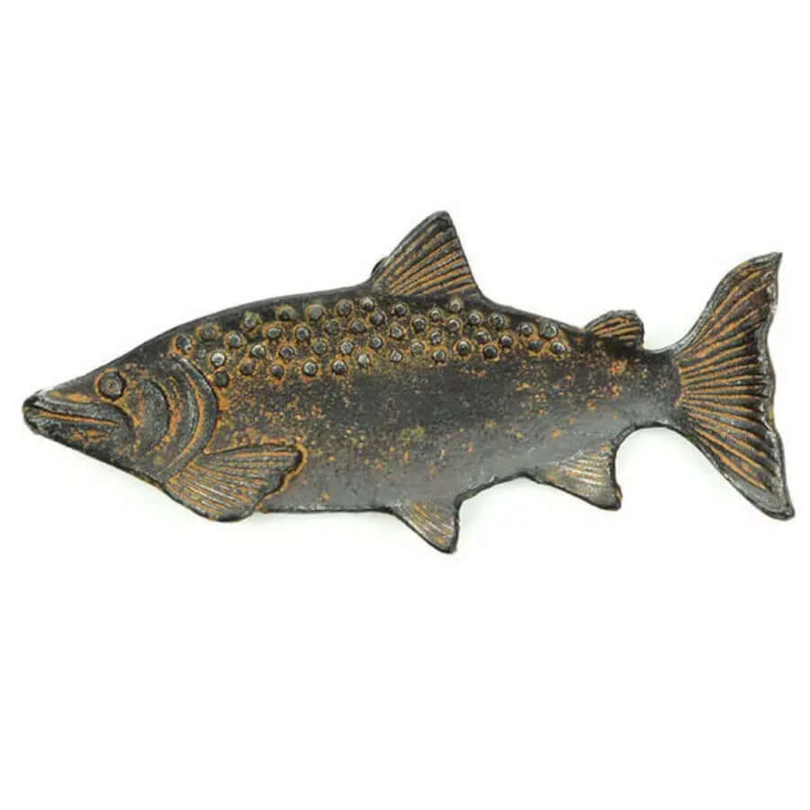 Vintage cast iron fish shaped tray with rustic patina, detailed scales, ideal for home decor or serving; evokes waterfront nostalgia.