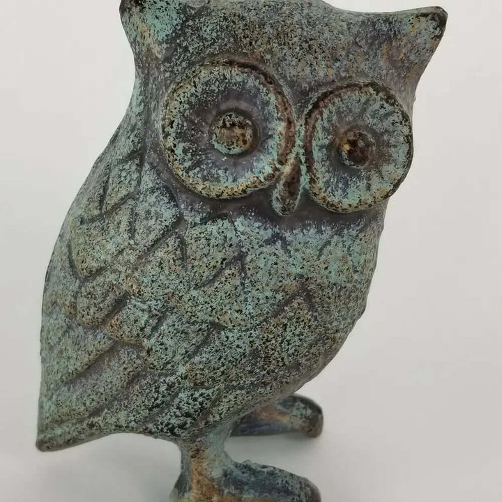 Vintage Cast Iron Owl Statue in Antique Green Patina Finish with verdigris-inspired mossy green hues.