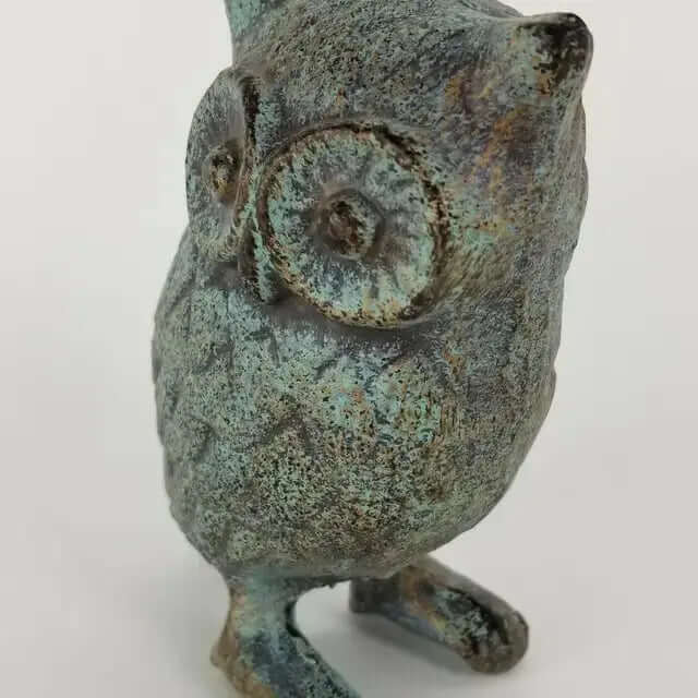 Vintage Cast Iron Owl Statue in Antique Green Patina Finish with verdigris hues, showcasing timeless old-world craftsmanship.