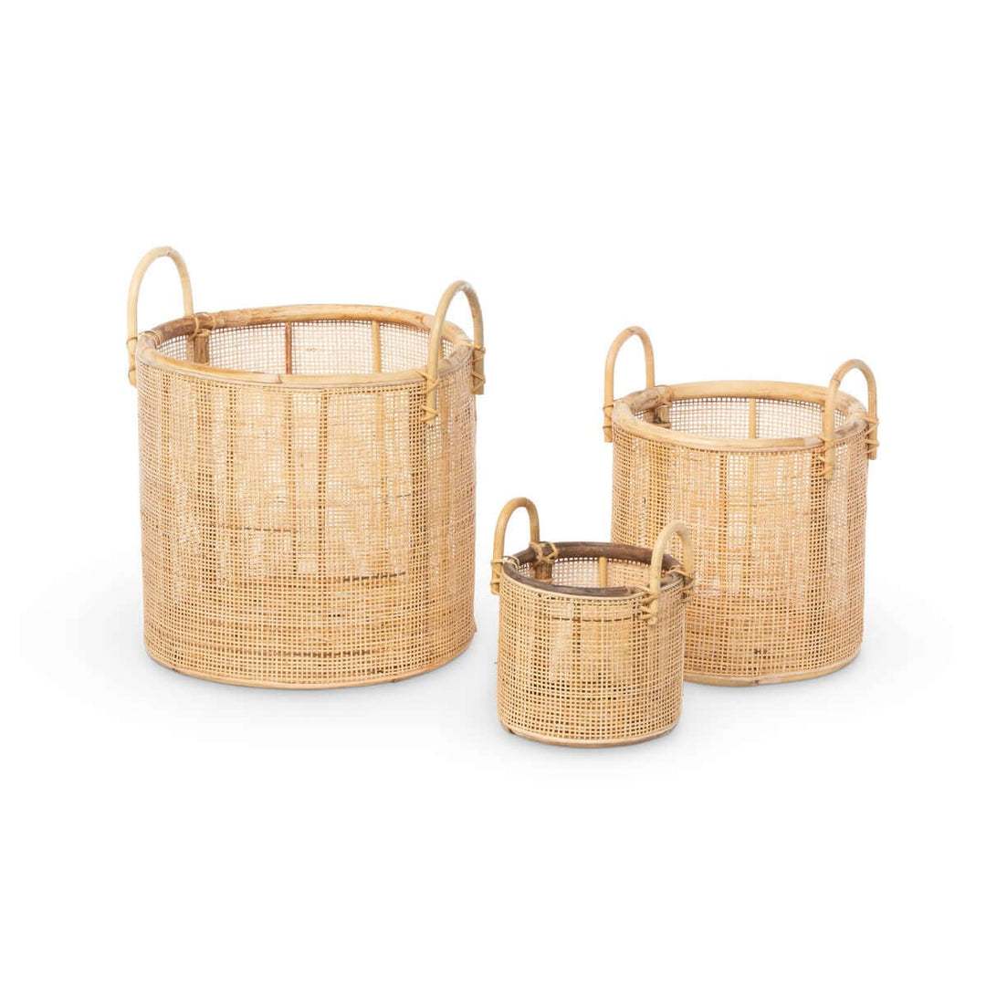 Set of 3 Vintage Coastal Woven Rattan Baskets with Handles showcasing handwoven natural rattan and airy cane weave design.