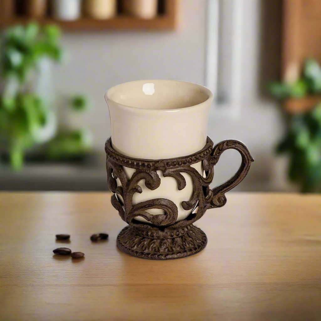 Vintage Coffee Cups with Ornate Metal Holders (Set of 4) on wooden table with coffee beans