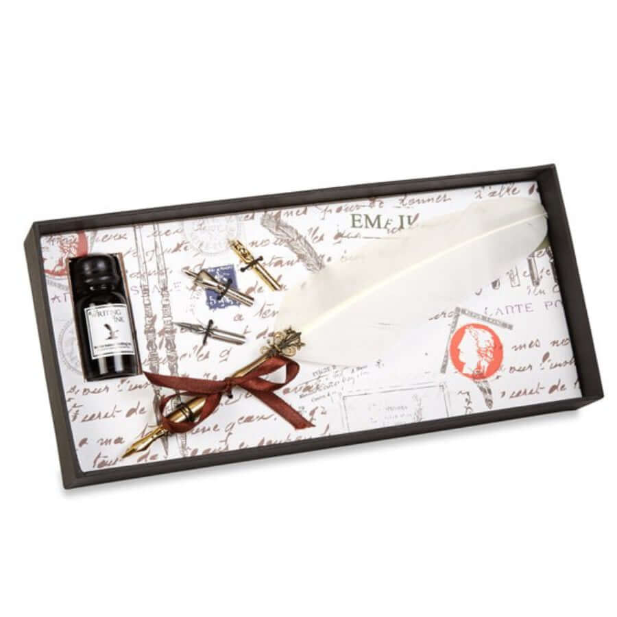 Vintage Feather Quill Dip Pen & Ink Set with Nibs on decorative background