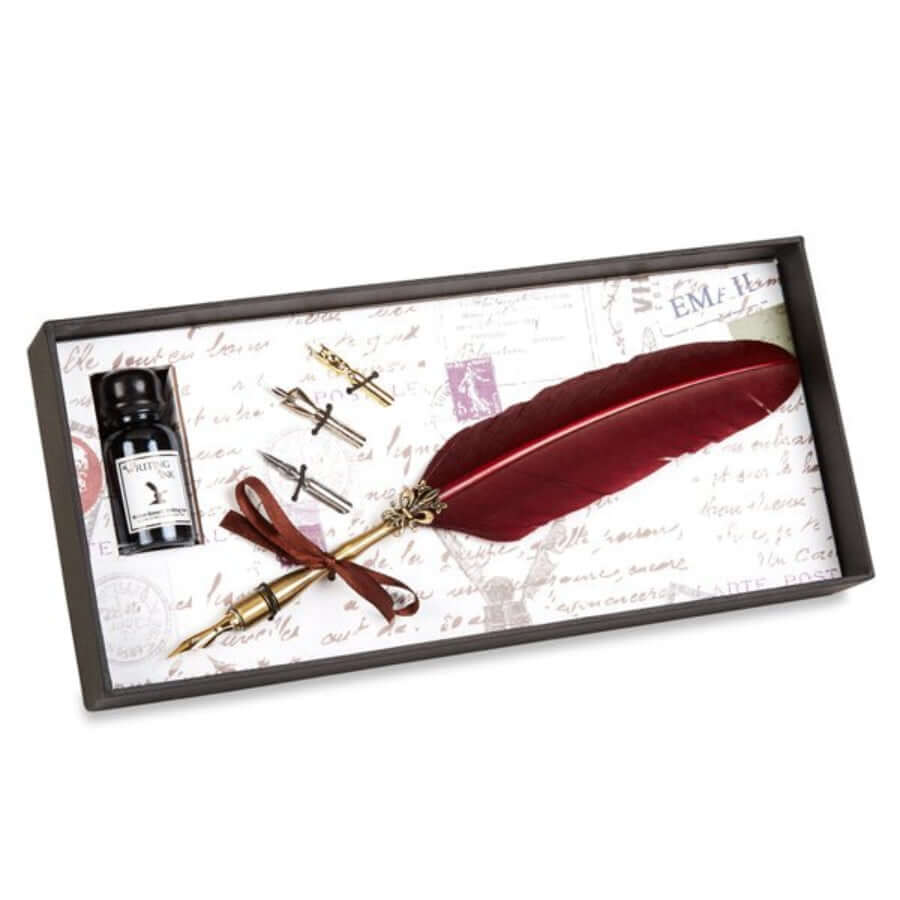 Vintage Feather Quill Dip Pen & Ink Set with Nibs in presentation box with maroon feather, ink bottle, and additional nibs.