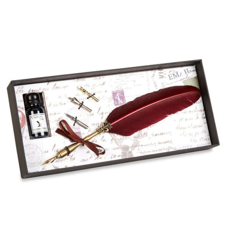Vintage Feather Quill Dip Pen & Ink Set with Nibs in presentation box with maroon feather, ink bottle, and additional nibs.