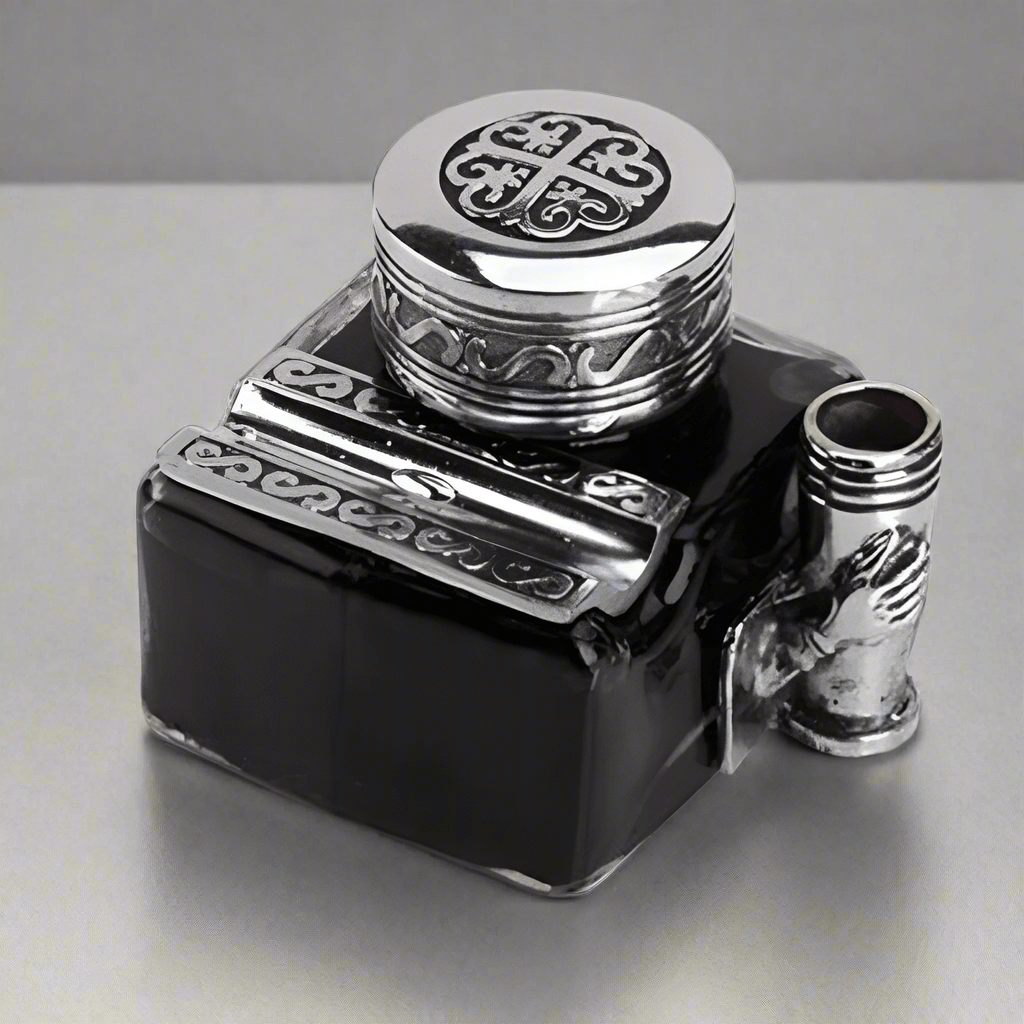 Vintage Glass Inkwell with 2 Pen Rests & Metal Cap, Italian design, filled with black writing ink, decorative square glass base