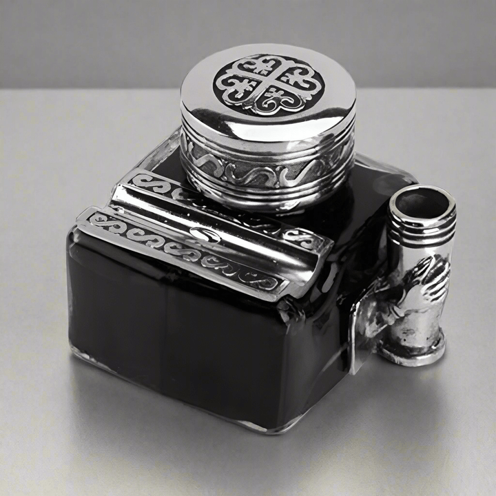 Vintage Glass Inkwell with 2 Pen Rests & Metal Cap, Italian design, filled with black writing ink, decorative square glass base