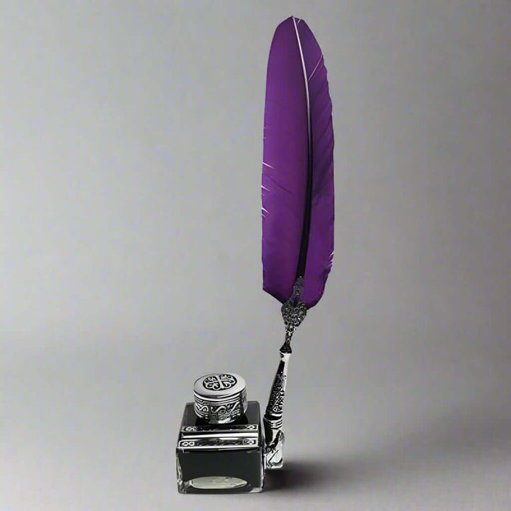 Vintage Glass Inkwell with 2 Pen Rests & Metal Cap next to a purple feather quill pen, displaying elegant Italian design.