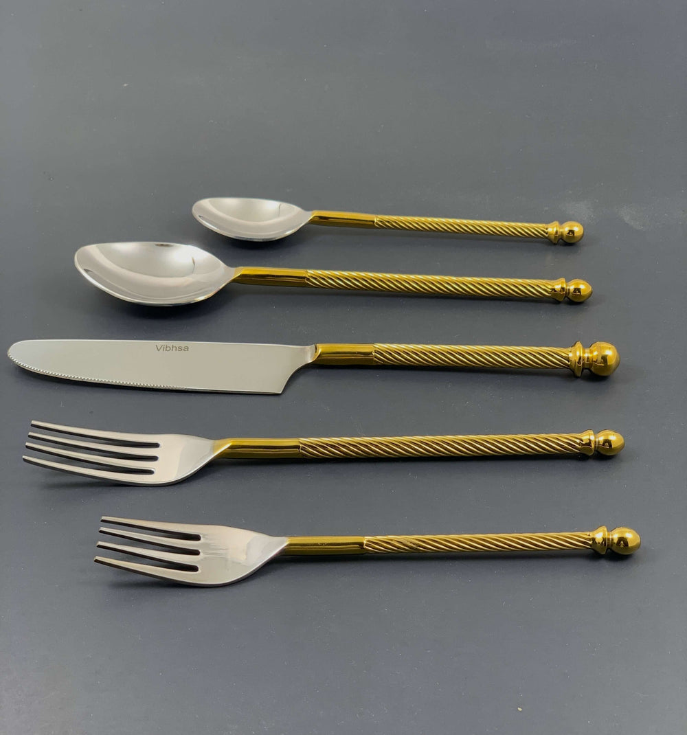 Vintage Gold Swirl Handle Flatware Set (20-Piece) featuring golden twisted handles with orb finials and stainless steel heads.