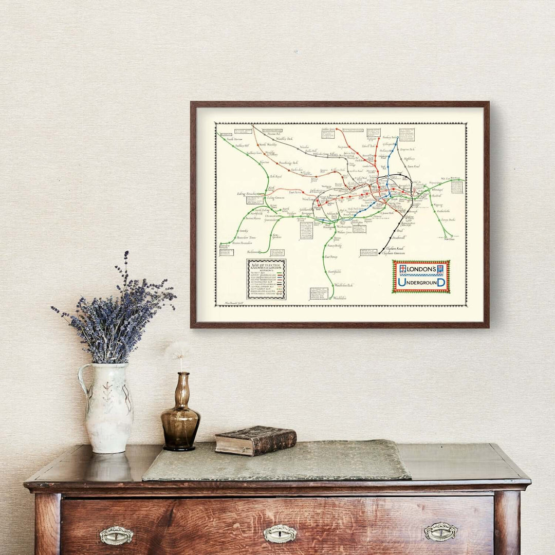 Framed Vintage London Underground Map 1922 on a wall, depicting historic railway routes as elegant wall art.