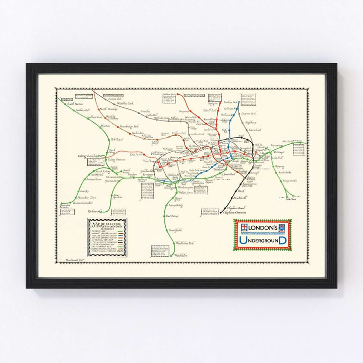 Framed Vintage London Underground Map 1922 wall art showing historic Tube routes.