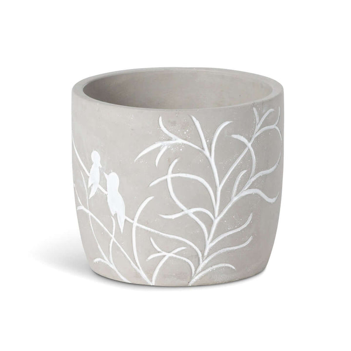 Vintage Lovebirds Silhouette Cement Pot with white bird design on gray weathered surface