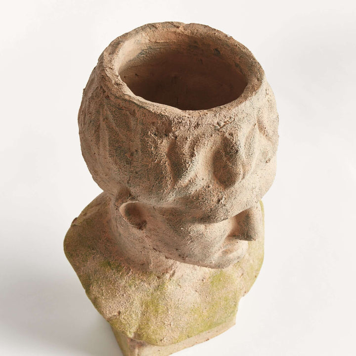 Vintage moss terracotta male bust planter with rustic Roman-inspired design, perfect for adding classical charm to your space.