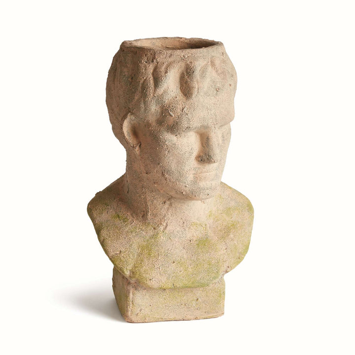 Vintage moss terracotta male bust planter with classical Roman design, exuding timeless artistry and natural textures.