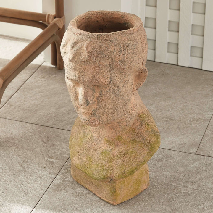 Vintage moss terracotta male bust planter, ancient Roman style, with rustic charm and a timeless, artistic finish.