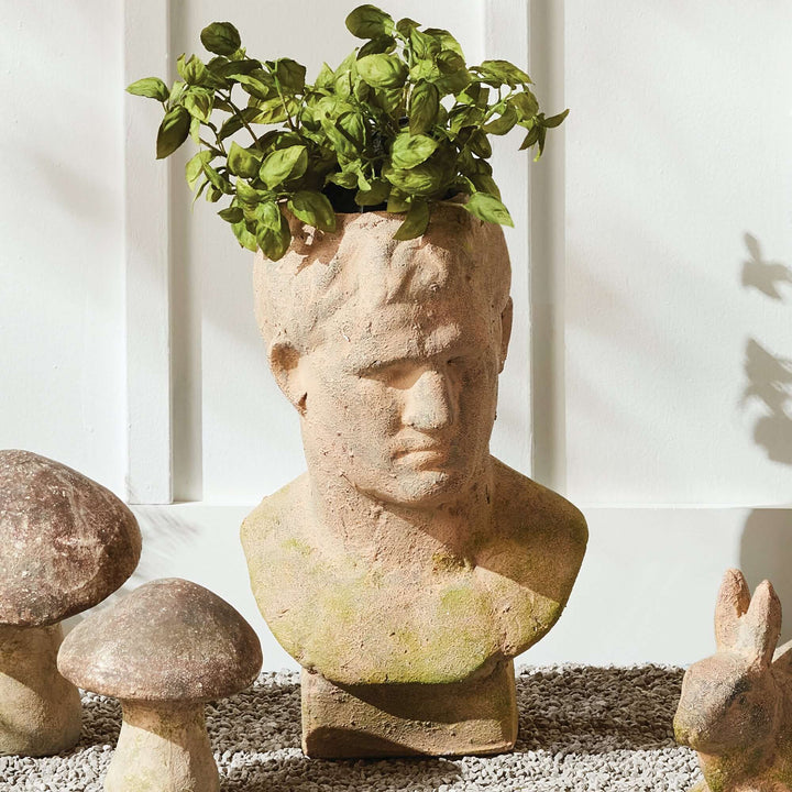 Vintage moss terracotta male bust planter with lush greenery, evoking classic Roman sculptures in a serene garden setting.