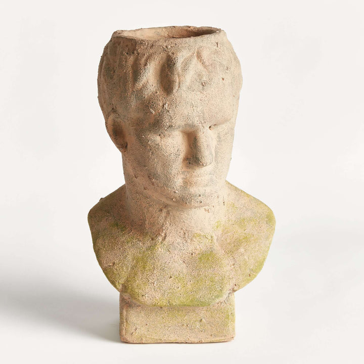 Vintage moss terracotta male bust planter, evoking Roman sculpture with a mossy finish, perfect for adding classic charm to your space.