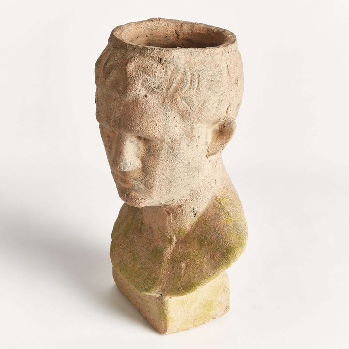 Vintage moss terracotta male bust planter inspired by classical Roman sculpture, exuding timeless elegance and natural beauty.
