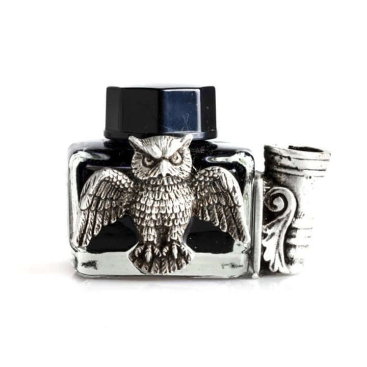 Vintage Owl Glass Inkwell with Pewter Sculpture & Pen Holder, handcrafted in Italy, showcasing intricate owl and pen holder design.