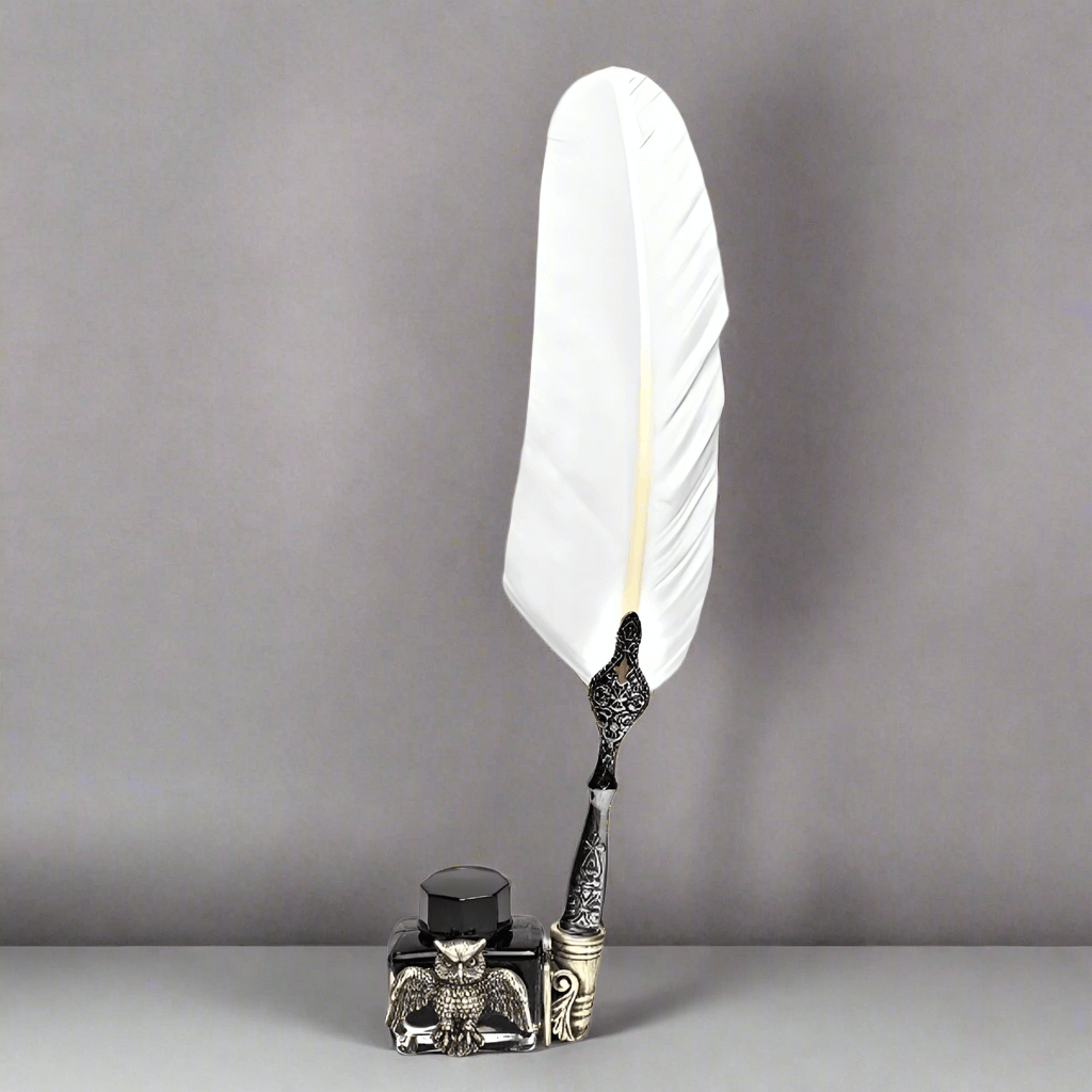 Vintage Owl Glass Inkwell with Pewter Sculpture & Pen Holder displaying a quill pen, handcrafted Italian design.