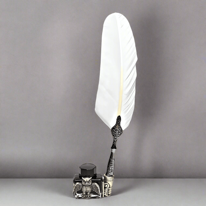 Vintage Owl Glass Inkwell with Pewter Sculpture & Pen Holder displaying a quill pen, handcrafted Italian design.