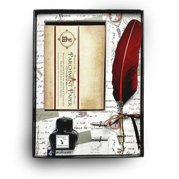 Vintage Parchment Writing Quill and Ink Set with Note Cards displayed elegantly in a decorative box, featuring red feather quill and ink bottle.