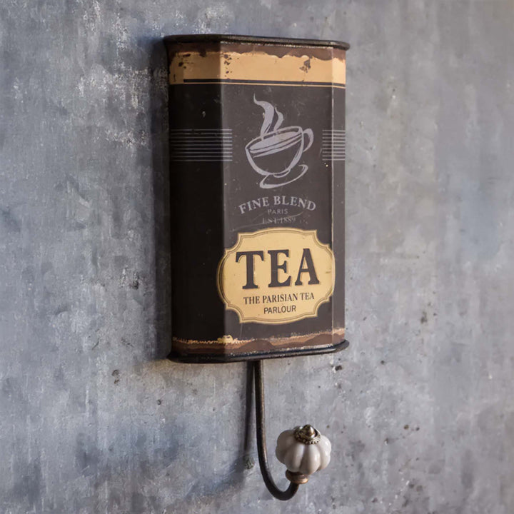 Vintage Parisian Tea Tin Wall Hook with distressed metal and French café graphics
