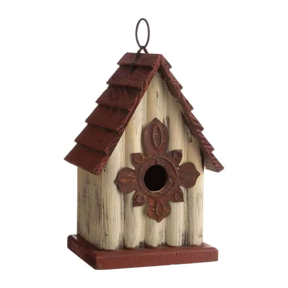 Vintage-Inspired Wooden Birdhouse with Terracotta Roof featuring A-frame silhouette and decorative flower detail.