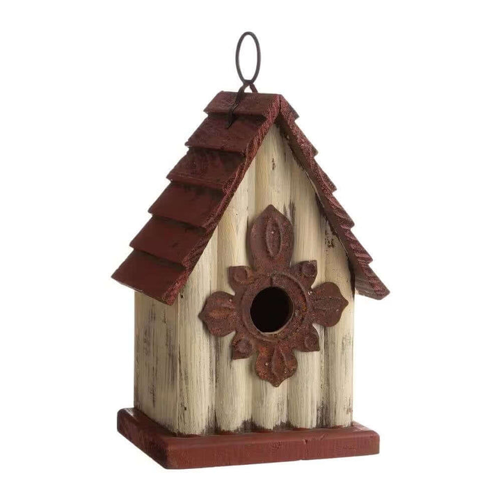 Vintage-Inspired Wooden Birdhouse with Terracotta Roof featuring A-frame silhouette and decorative flower detail.