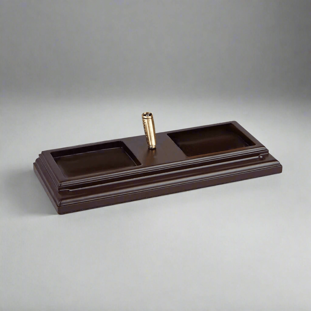 Vintage Wooden Desk Organizer with Feather Quill Pen Set in mahogany finish.