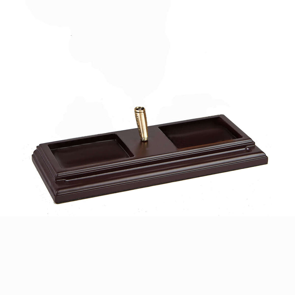 Vintage Wooden Desk Organizer with Feather Quill Pen Set in rich mahogany finish.