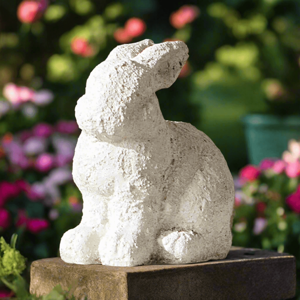 Weathered terracotta bunny garden statue in soft white, adding charm to outdoor spaces amidst blooming flowers.