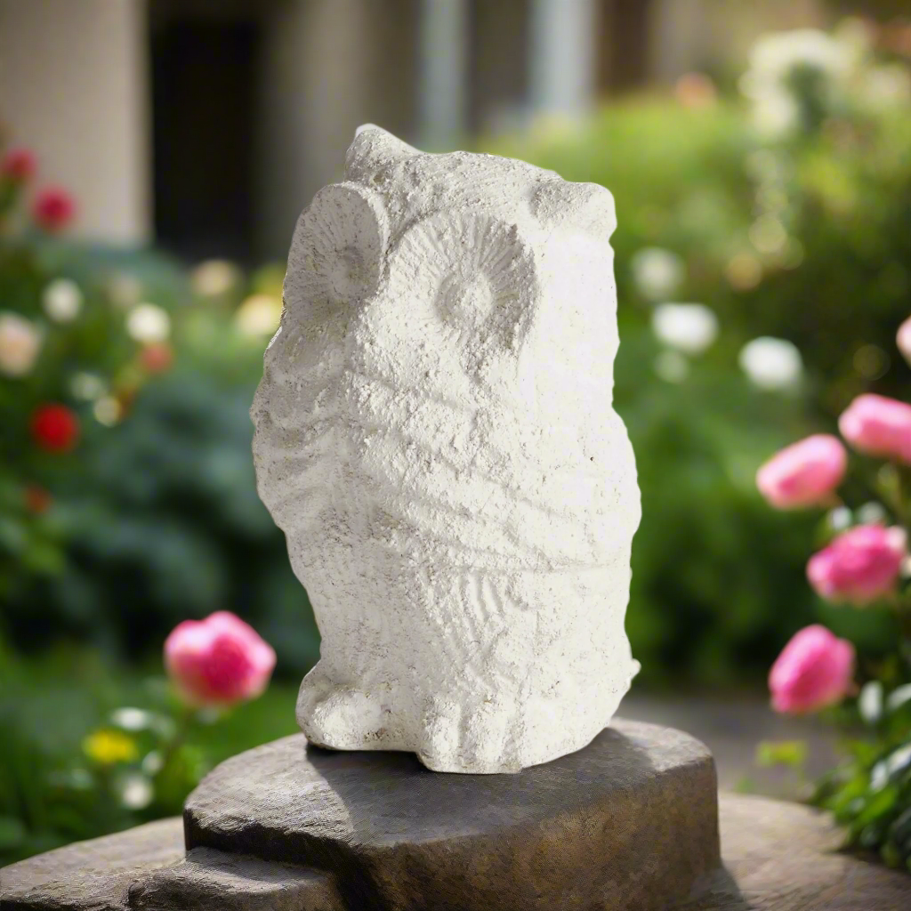 Weathered terracotta owl garden statue with whitewash finish in a blooming garden.