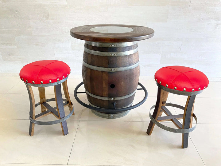 Reclaimed Oak Wine Barrel Bistro Table Set with Bar Stools