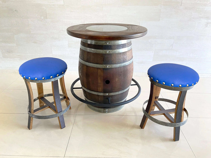 Reclaimed Oak Wine Barrel Bistro Table Set with Bar Stools