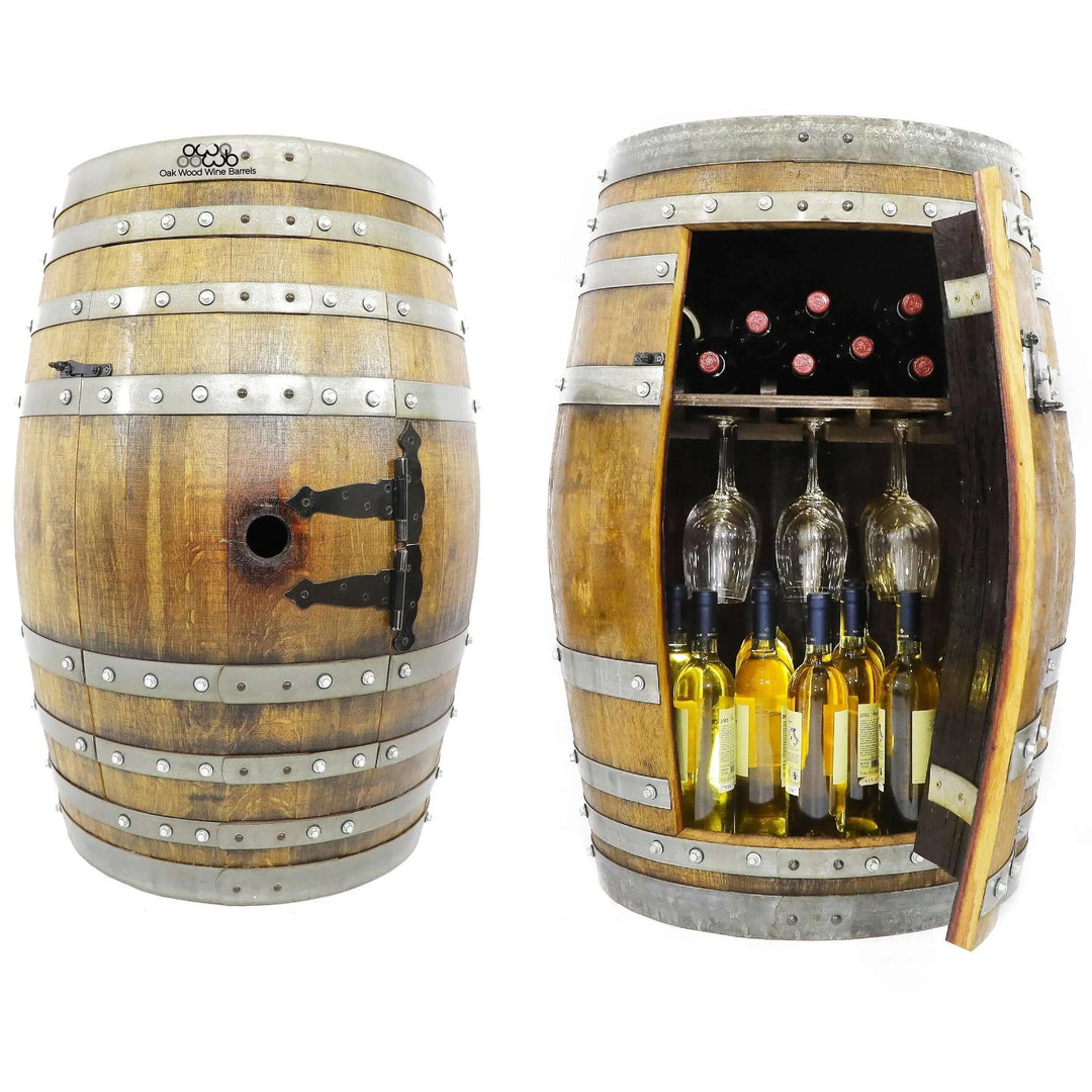 Reclaimed Bourbon Wine Barrel Cabinet with Stemware Storage