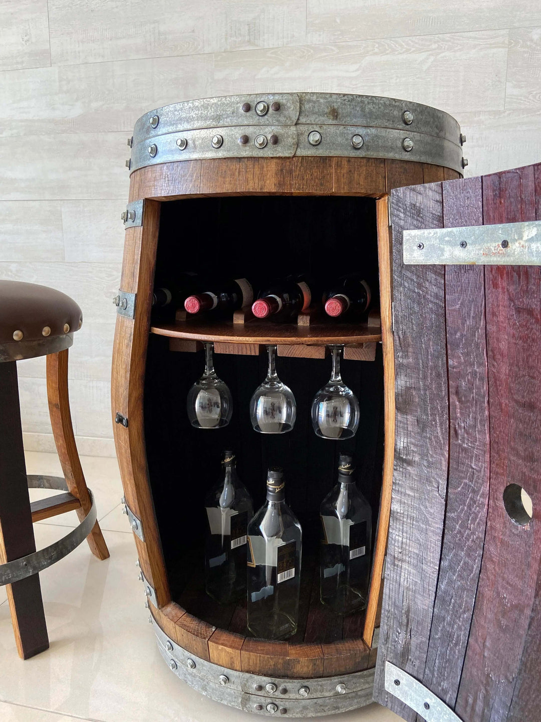 Reclaimed Bourbon Wine Barrel Cabinet with Stemware Storage