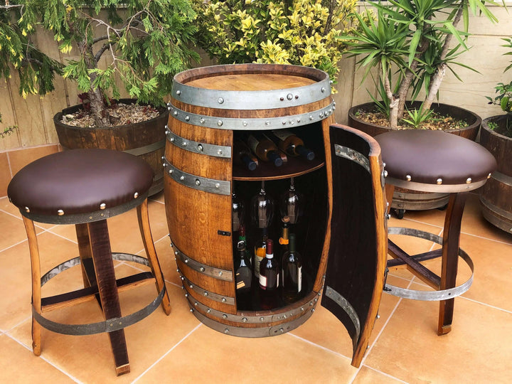 Reclaimed Bourbon Wine Barrel Cabinet with Stemware Storage