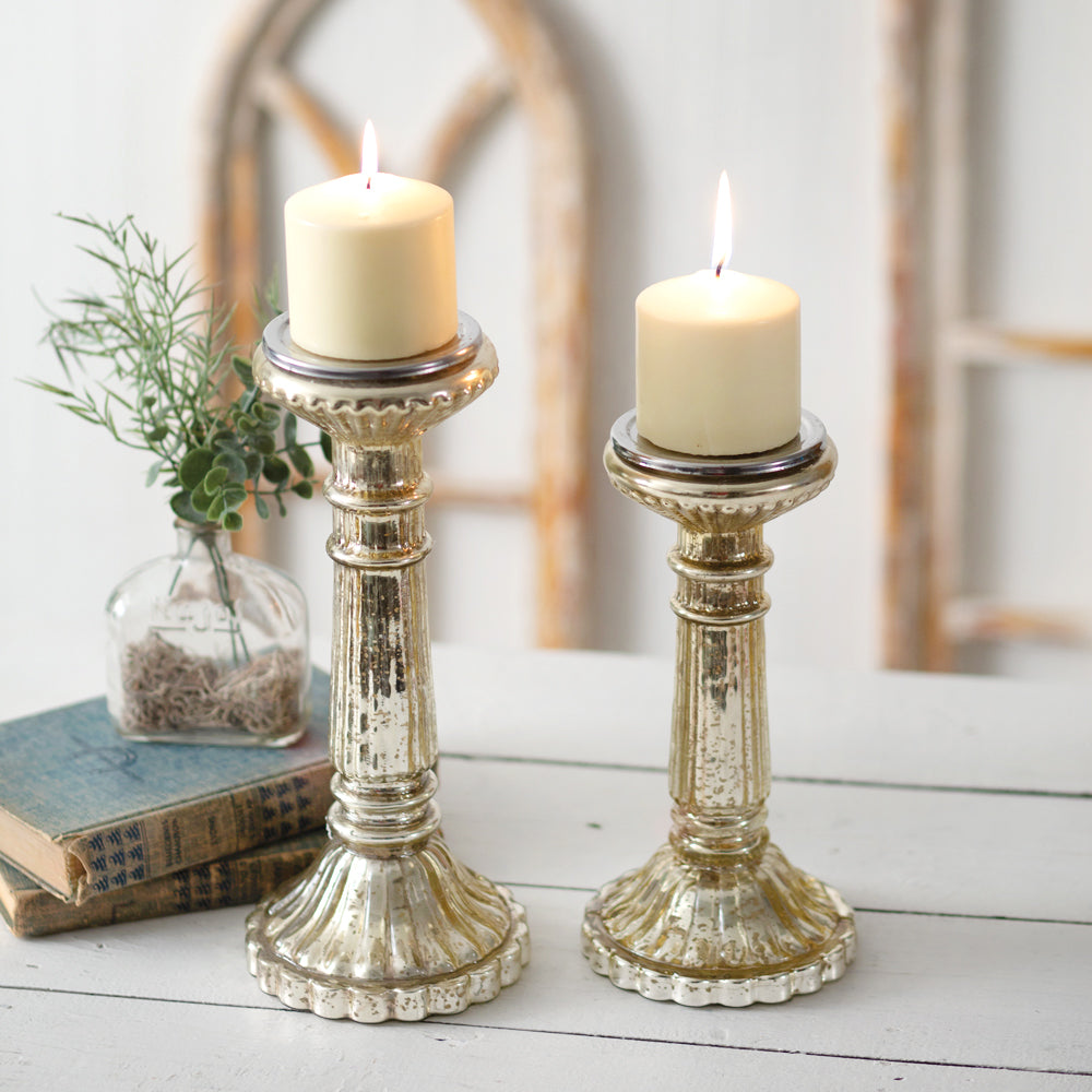 CTW Home 370561 Mercury Glass Pillar Candle Holders - Set of 2