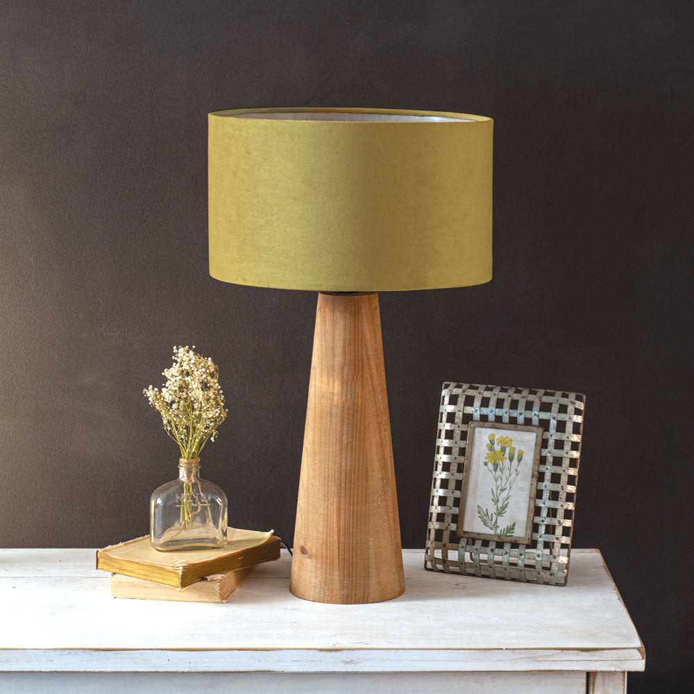 Minimalist Wood Table Lamp with Velvet Drum Shade – Vintage Shopper