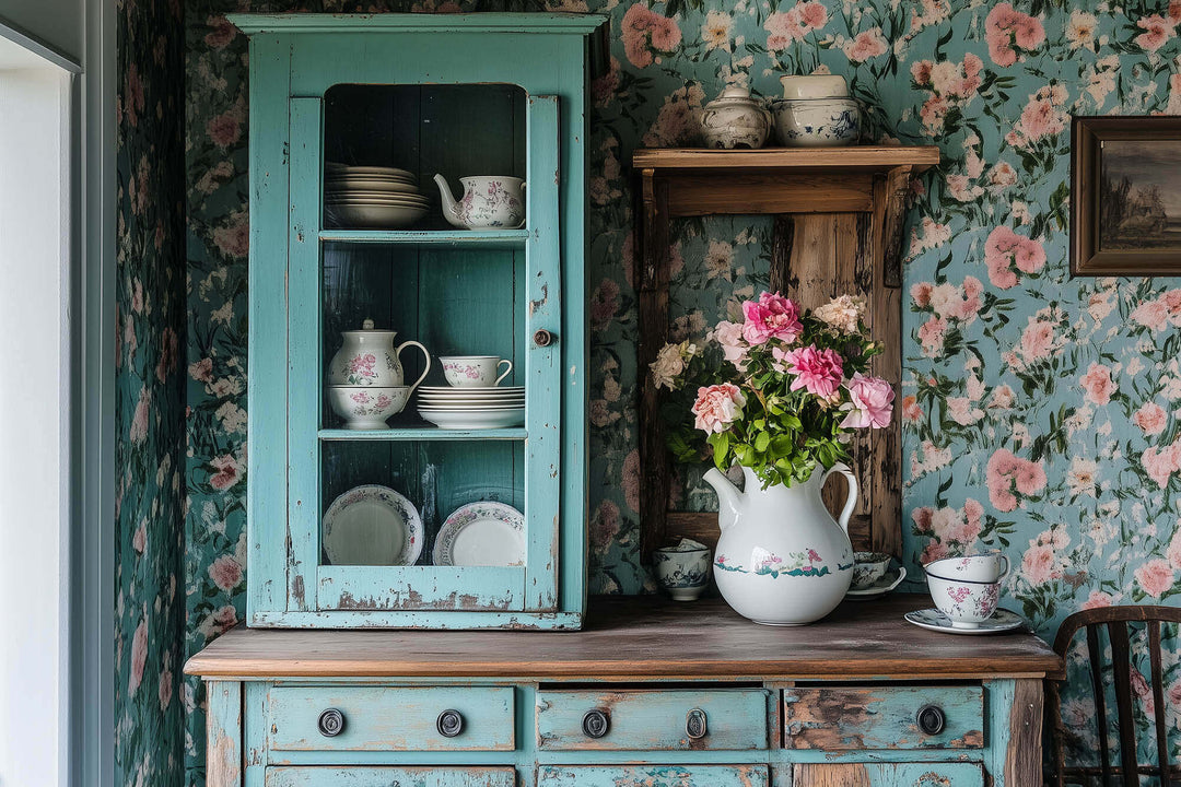 Vintage-inspired kitchen decor with a distressed teal cabinet, floral wallpaper, and a ceramic vase with pink flowers in a cozy setting.