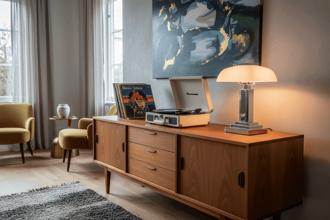 The Top 10 Trending Vintage Items for 2026: Mid-century modern living room with record player and retro decor.