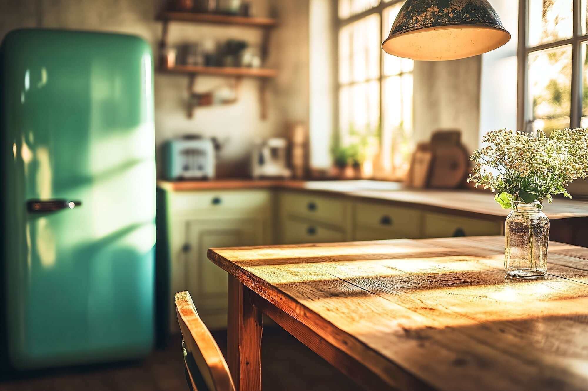 Vintage kitchen with retro refrigerator, wooden table, and sunlight streaming through windows for a cozy, nostalgic look.