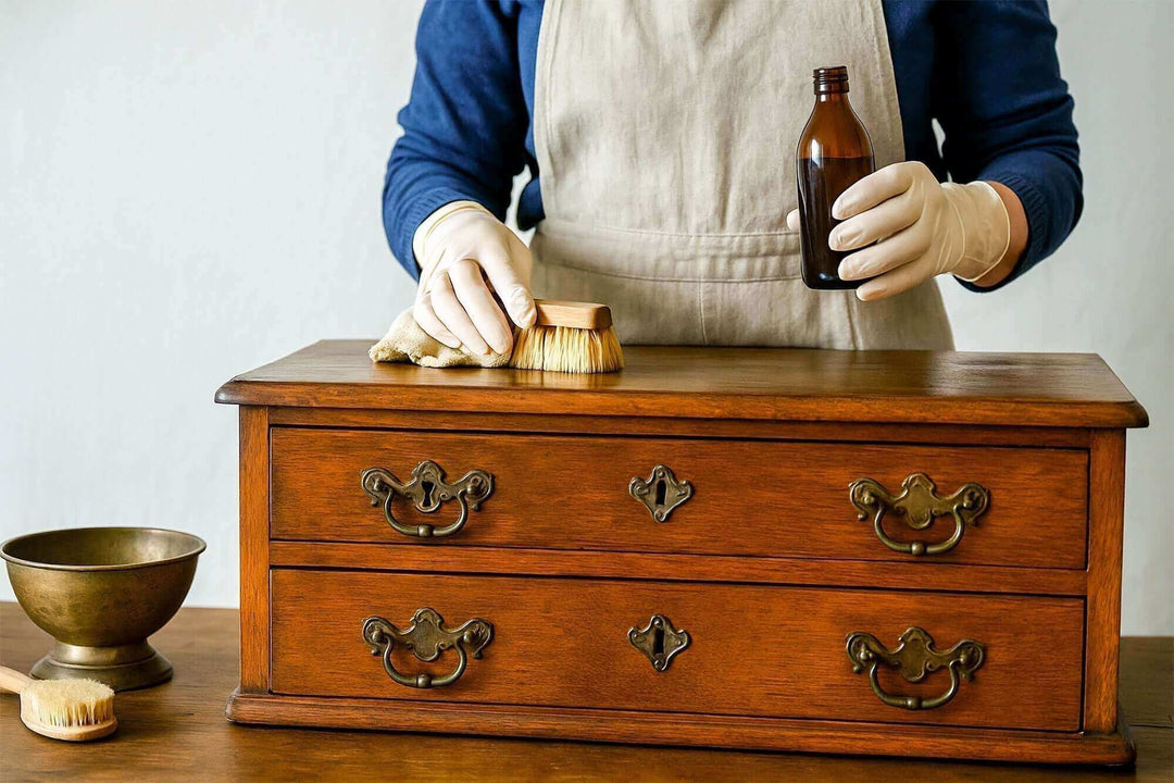 Person cleaning vintage furniture using polish and brush, wearing gloves for protection.