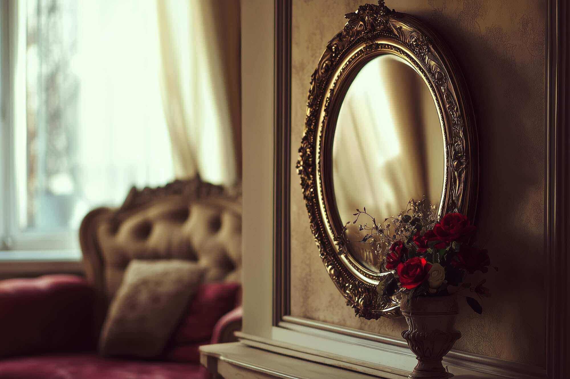 Vintage mirror with ornate frame reflecting classic living room with red sofa and floral decor.