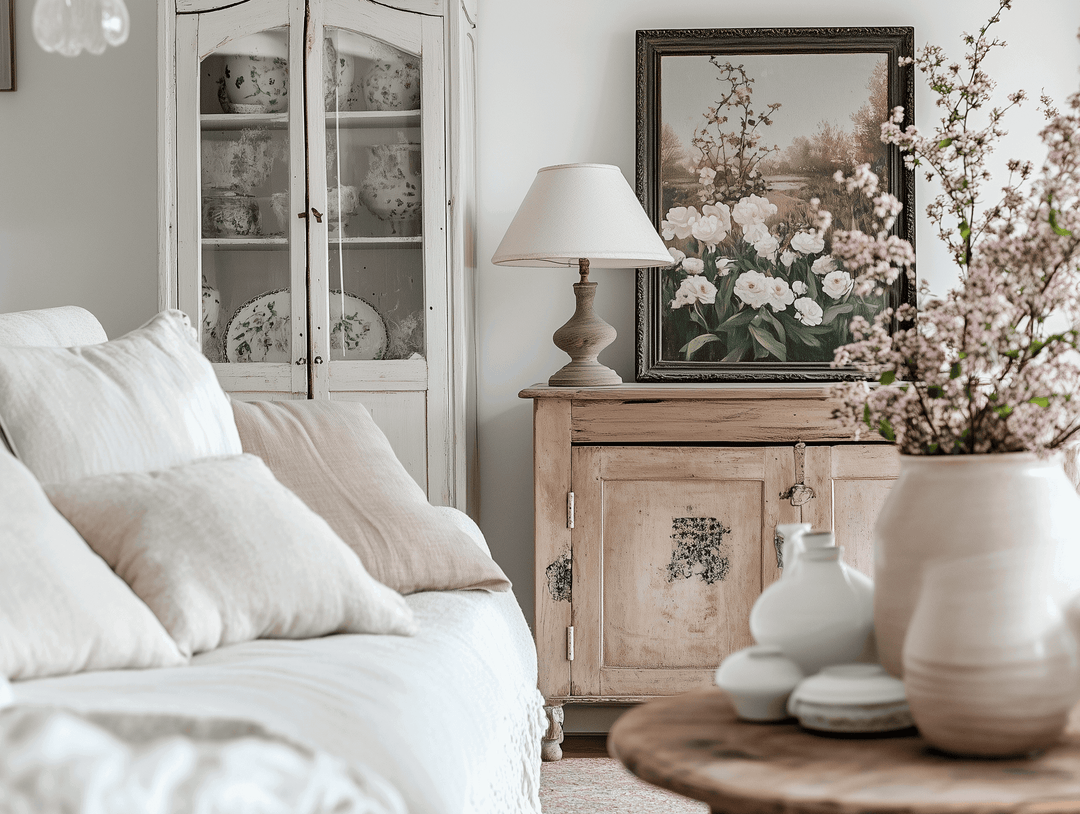 Cozy cottagecore living room with vintage furniture, floral decor, and natural light, creating a serene, nostalgic atmosphere.