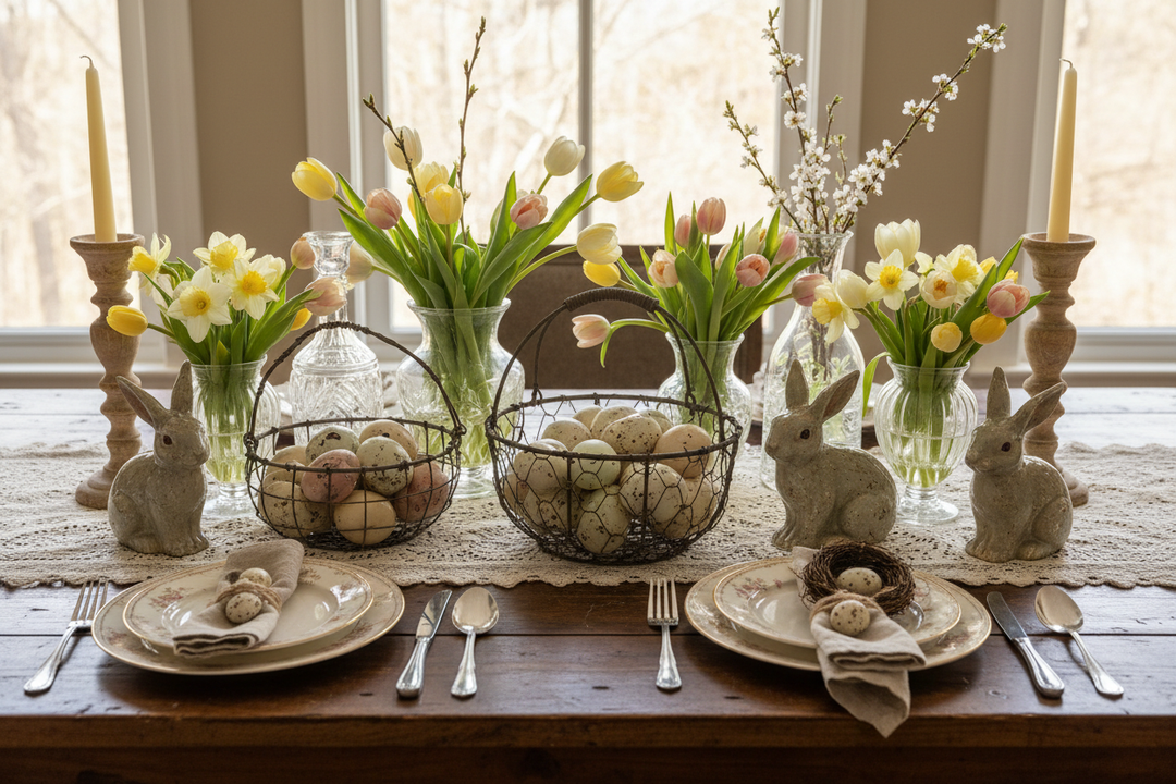 table decorated in vintage style Easter decor
