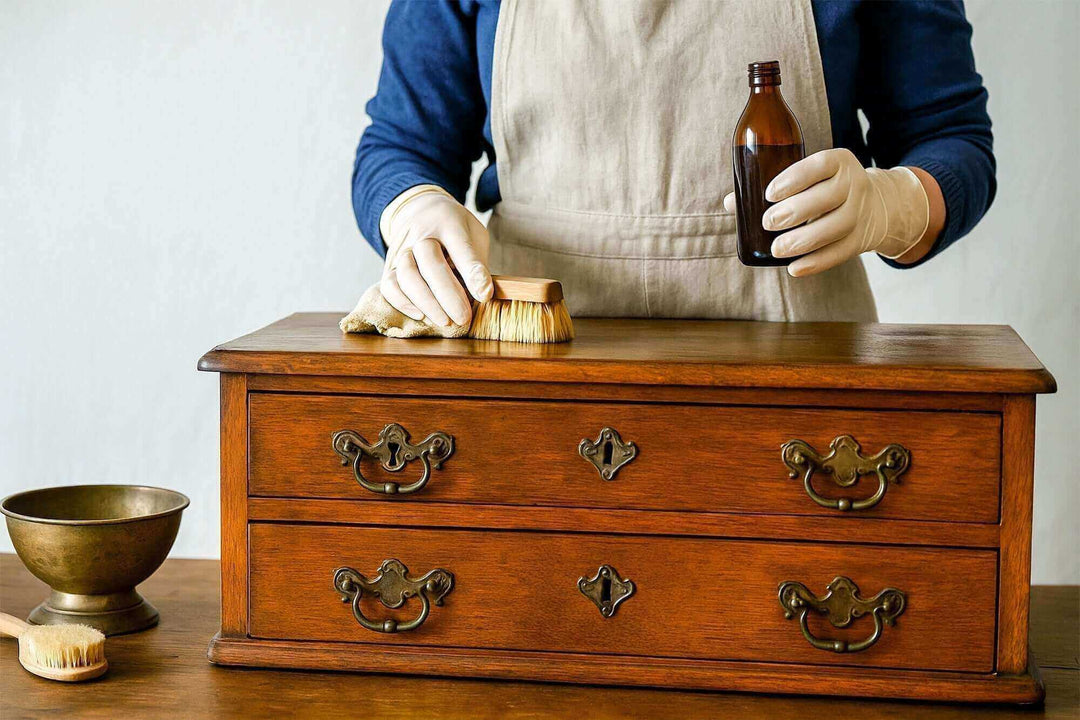 Person cleaning vintage furniture using polish and brush, wearing gloves for protection.
