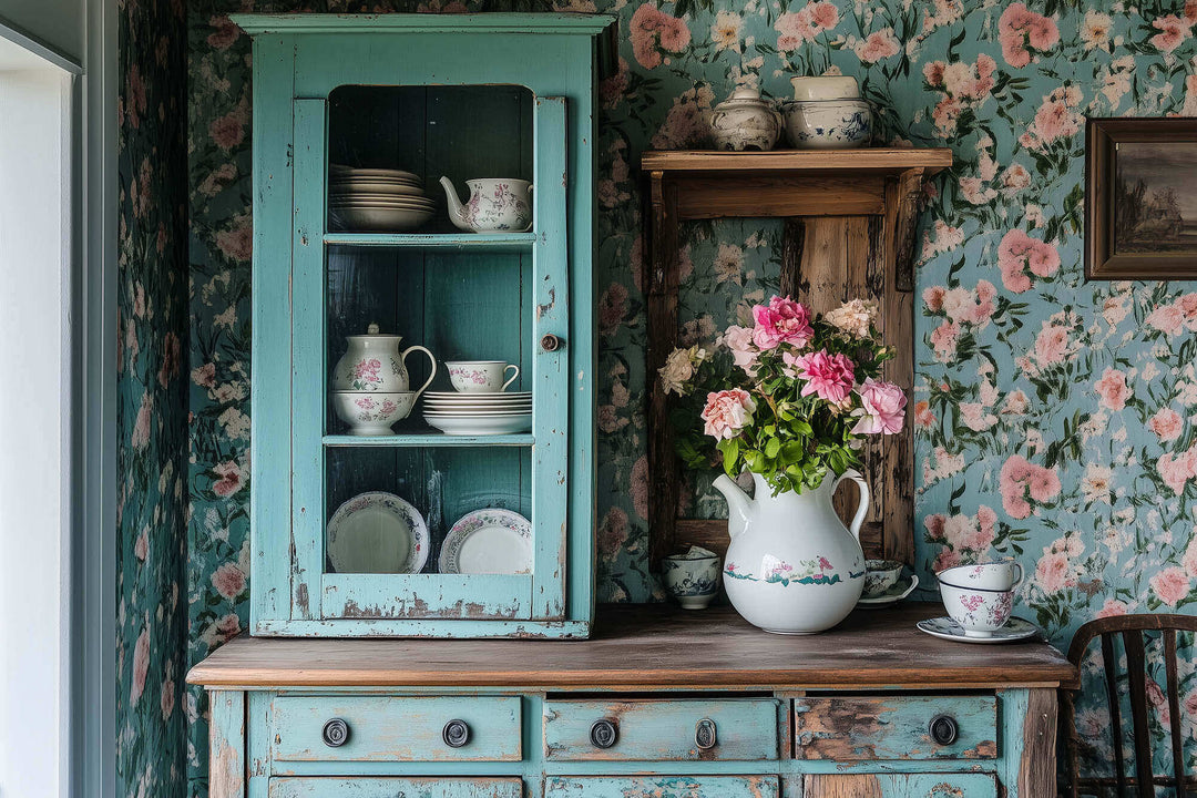 Vintage-inspired kitchen decor with a distressed teal cabinet, floral wallpaper, and a ceramic vase with pink flowers in a cozy setting.