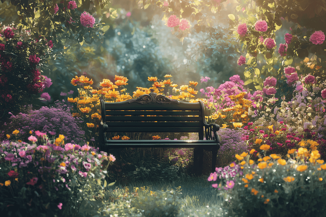 A vintage wooden bench surrounded by vibrant spring flowers in a charming garden setting.